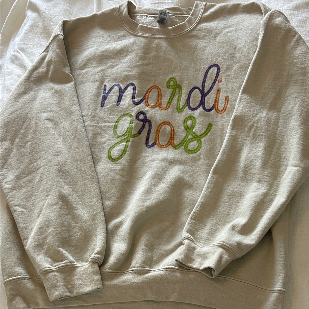 Gildan Cream Crewneck Sweatshirt with Purple, Green & Gold Script